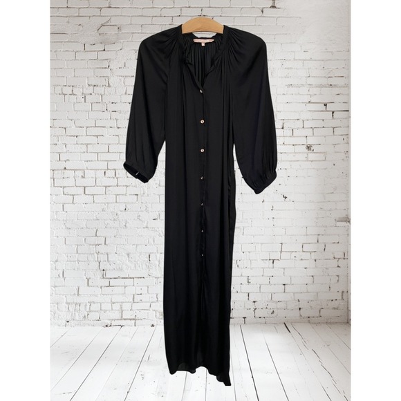 Cali Dreaming Black Maxi Dress Button Front Gathered Neckline‎ Long Sleeve Small - Picture 2 of 10